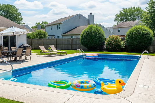 Clean swimming pool maintained algae-free in warm high-humidity weather