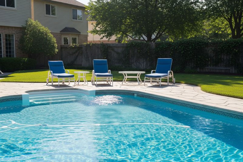 In-ground swimming pool surrounded by palm trees and stone pathways