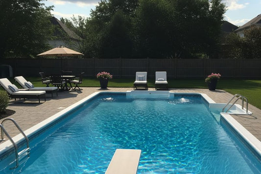 Modern gas pool heater installed beside a backyard swimming pool.