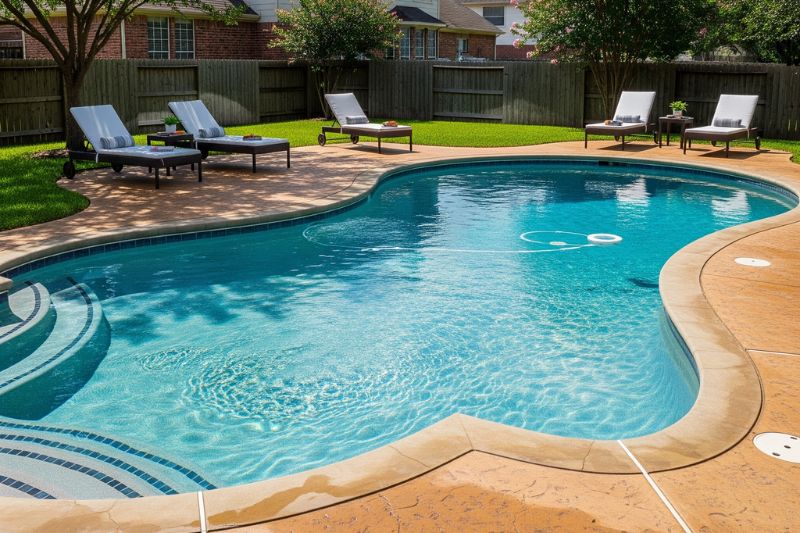 Affordable pool design with landscaping and seating area