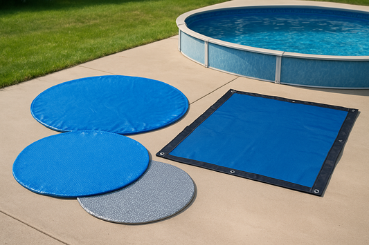 Top-rated pool covers for above ground pools, including round solar covers and rectangular winter covers laid out near a backyard pool.