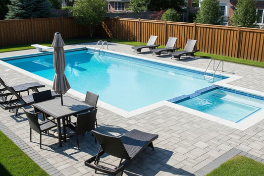 Backyard pool with water features and shade structures to lower temperature