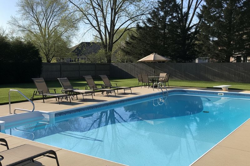 Backyard pool covered for winter with fallen leaves nearby