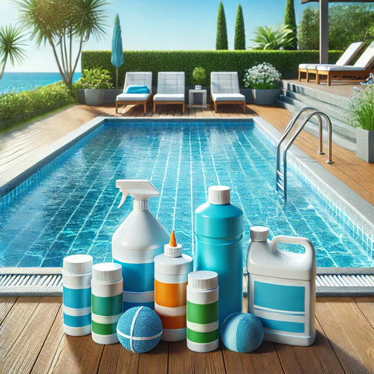 A clean swimming pool with shock treatment chemicals neatly arranged nearby.
