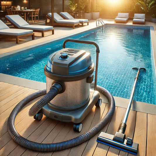 Above-ground pool with a powerful vacuum cleaner on the deck.