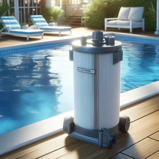 Hayward cartridge pool filter near a clean backyard swimming pool.