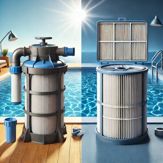 "Comparison of sand and cartridge pool filters with clear pool background