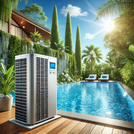 A modern pool heat pump installed beside a backyard pool.