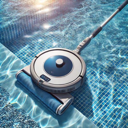 Robotic pool vacuum cleaning a Pebble Tec pool underwater.