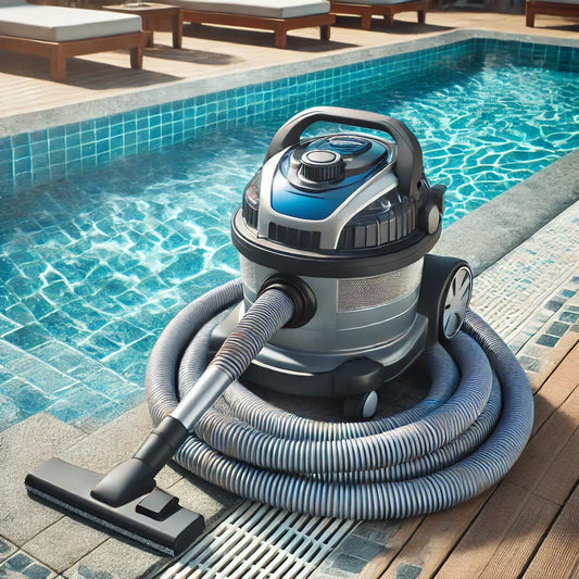Pool vacuum resting on a pool deck near a clear pool.