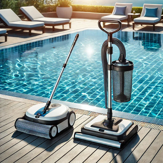 Manual and automatic pool vacuums side-by-side on a pool deck.