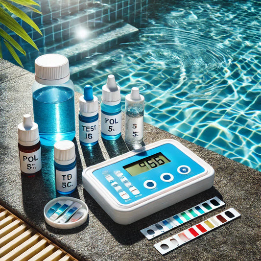 Pool testing kit with test strips, liquid reagents, and a digital tester.