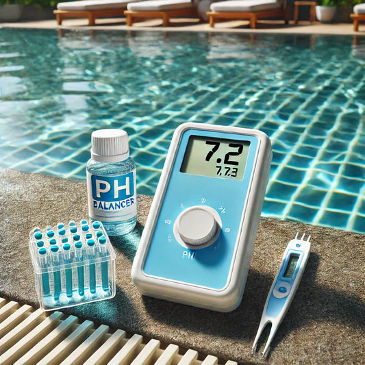 Crystal-clear pool with digital pH tester and chemical kit nearby.