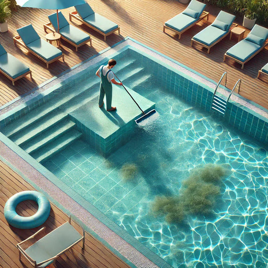 Person skimming a clean swimming pool while standing on the pool deck.