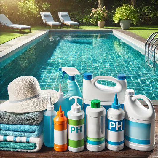 Sparkling swimming pool with essential pool chemical cleaners arranged nearby.