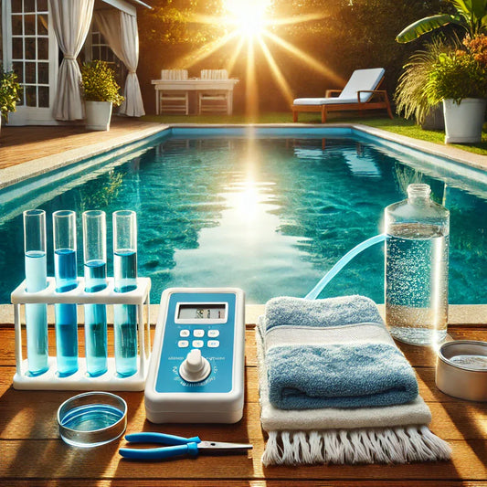 Clear swimming pool with water testing kit and cleaning tools nearby.
