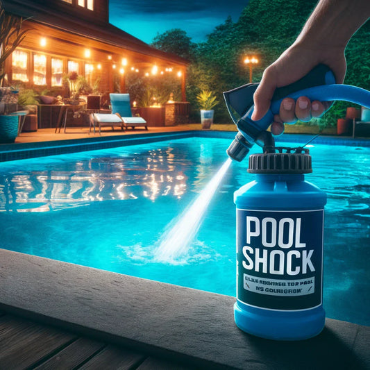 Person adding pool shock at night to a clear blue pool.