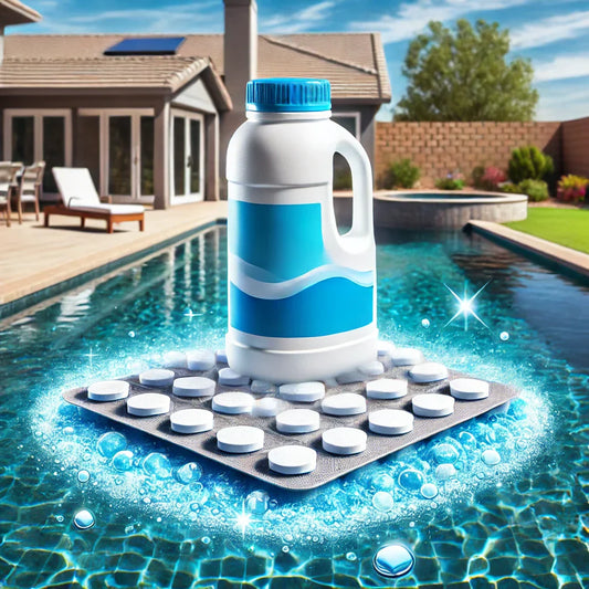 Floating chlorine dispenser in a clear saltwater pool with blue water.