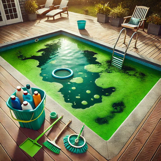 Green, cloudy swimming pool with cleaning tools nearby for maintenance.
