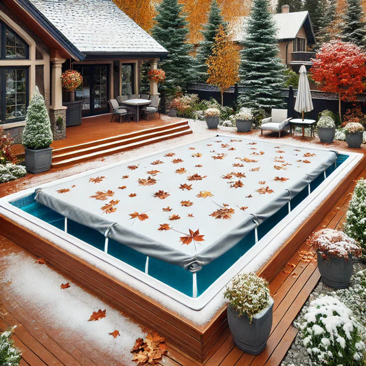 Backyard pool covered for winter with snow and autumn leaves around.