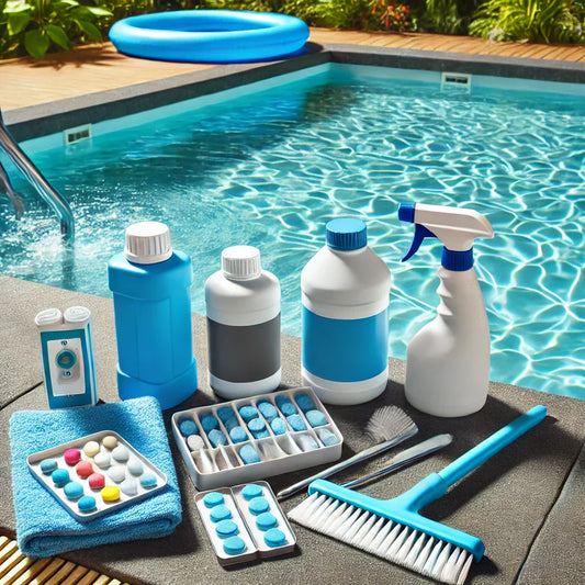  Pool skimmer, chlorine tablets, and test kit by a clear pool.