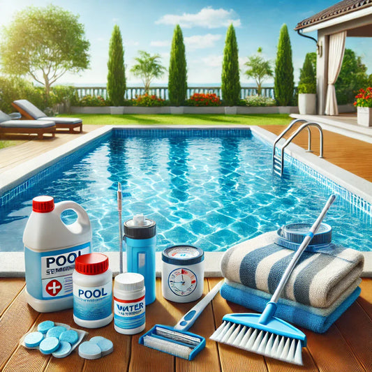Inground pool with maintenance tools on a clean poolside deck.