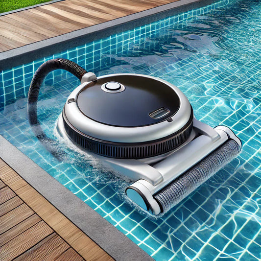  Robotic pool vacuum cleaning a clear vinyl liner pool bottom.