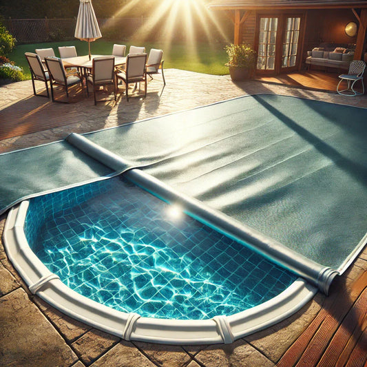  Solar cover partially rolled up on a clear backyard pool.