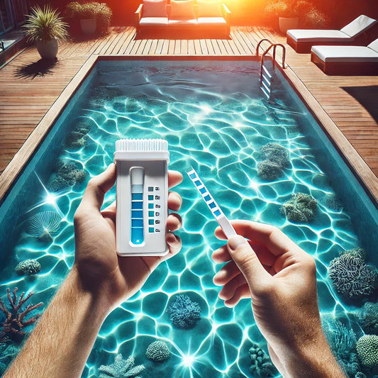  Person testing chlorine levels in a crystal-clear swimming pool.