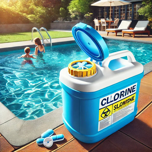 Floating chlorine dispenser in a clear blue swimming pool.