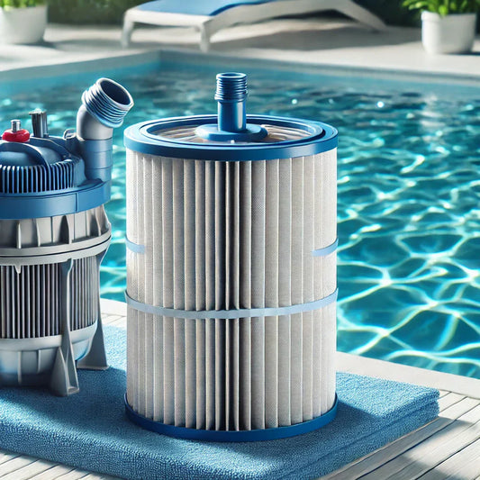 Clean cartridge pool filter beside a blue swimming pool.