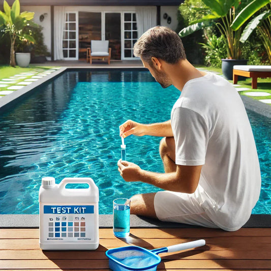 Person testing pool water with a strip, liquid kit nearby.