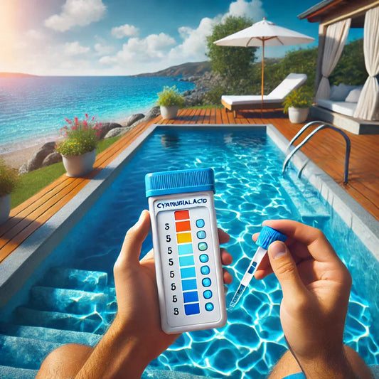 Person testing cyanuric acid levels in a clear backyard swimming pool.