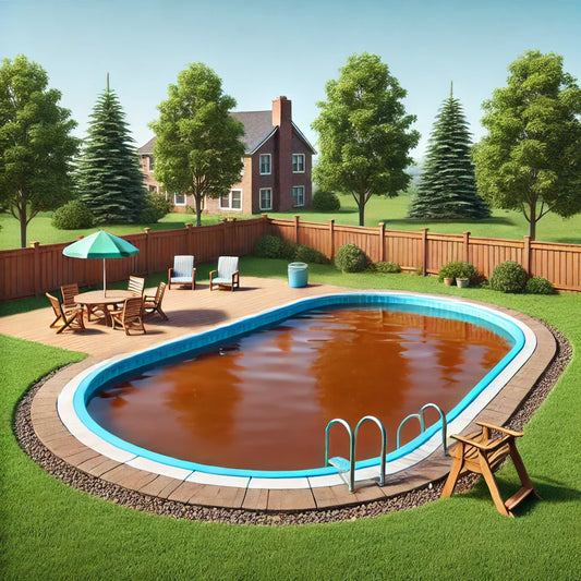 Suburban backyard with a swimming pool showing brown, murky water.