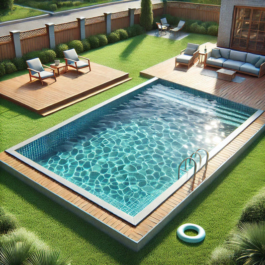 Realistic suburban backyard with a clean swimming pool and clear water.
