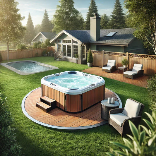 Clean hot tub in suburban backyard surrounded by deck and greenery.