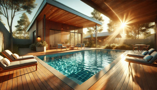 Suburban backyard with clear blue pool, wooden deck, and seating.