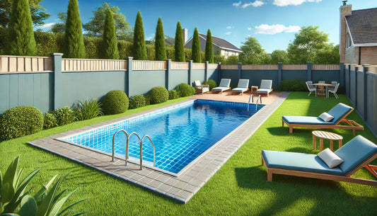 Clean swimming pool in a suburban backyard with clear blue water.