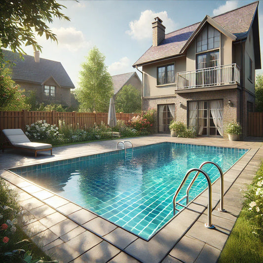 A sunny suburban backyard with a swimming pool and flowers.