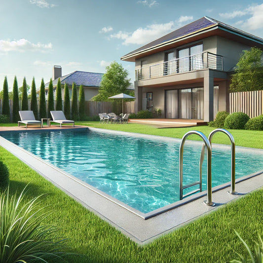 Modern suburban backyard with a pool, lounge chairs, and house.