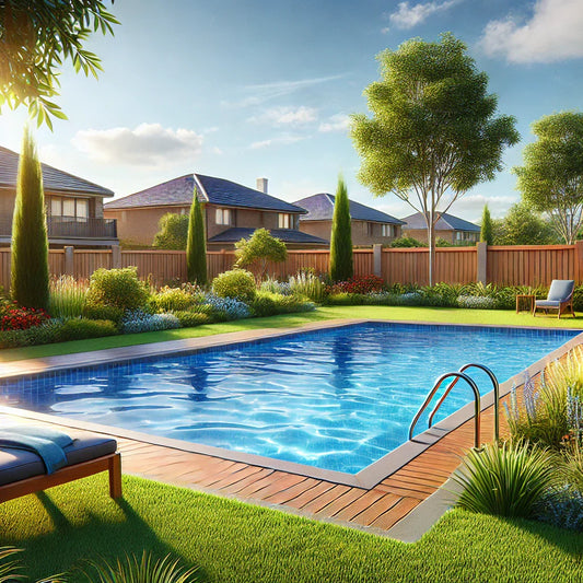 A serene suburban backyard with a swimming pool and lounge chairs.