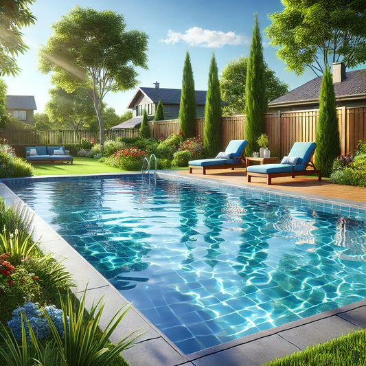 A beautiful suburban backyard featuring a swimming pool and lounge chairs.