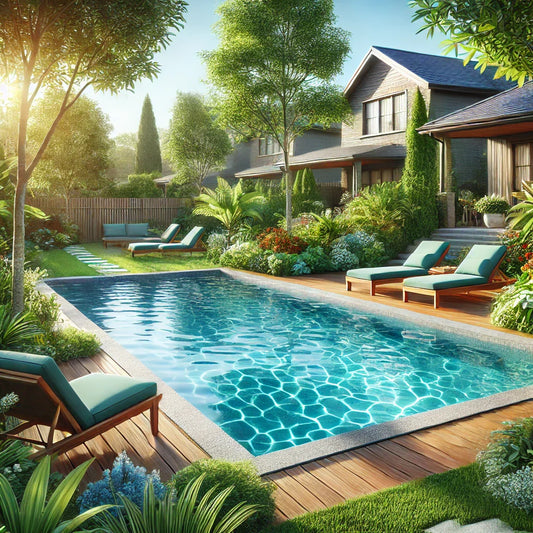 A serene suburban swimming pool surrounded by vibrant plants and trees.