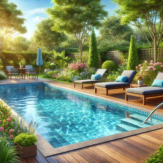 A beautiful suburban swimming pool surrounded by lush greenery and flowers.