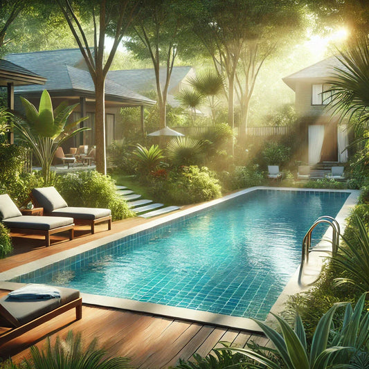 A serene suburban swimming pool surrounded by lush greenery and trees.
