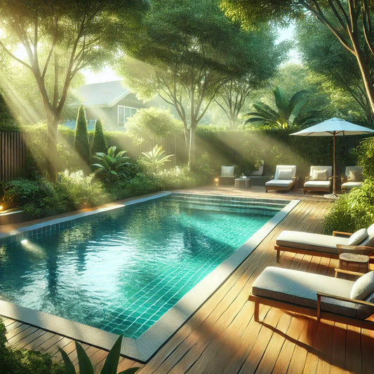 A peaceful suburban swimming pool surrounded by greenery and chairs.