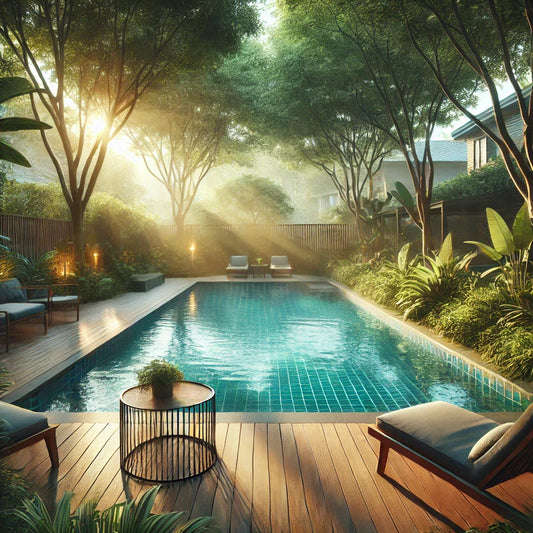 A peaceful suburban swimming pool surrounded by greenery and lounge chairs.
