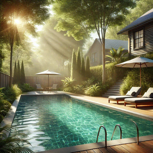 A serene swimming pool surrounded by lush greenery and lounge chairs.