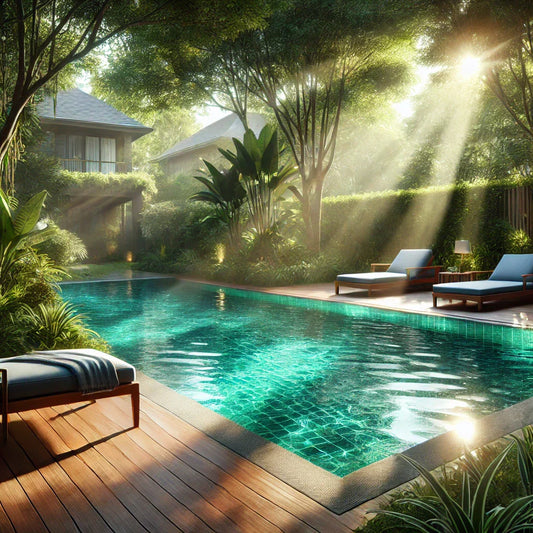 A serene swimming pool surrounded by greenery and inviting lounge chairs.