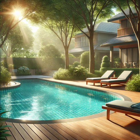 A peaceful swimming pool surrounded by greenery and lounge chairs.
